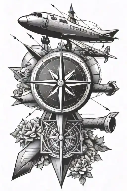 tall geometric compass arrow with a small pair of skies and a little plane flying around the needle.  tattoo design idea