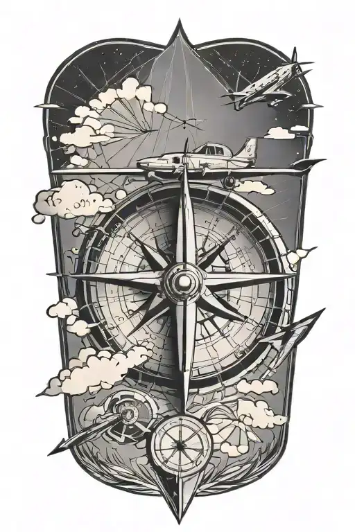 tall geometric compass arrow with a small pair of skies and a little plane flying around the needle.  tattoo design idea