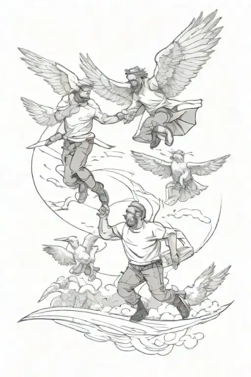 A sketch of a father and husband balancing his family life with his passion for flying tattoo design idea