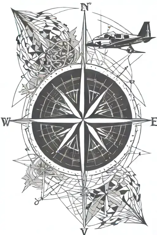 compass rose with a skier in and a little plane near the compass rose tattoo design idea