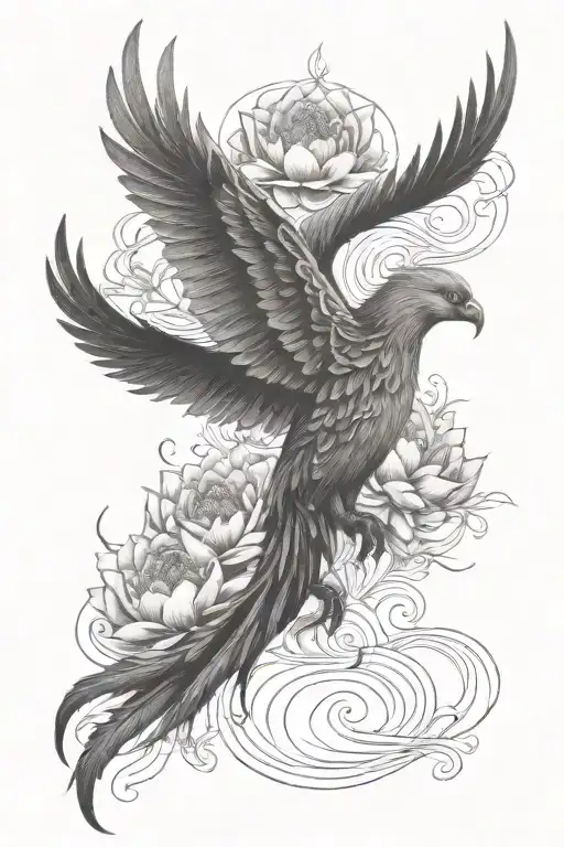 phoenix surrounded by water lilly flowers tattoo design idea