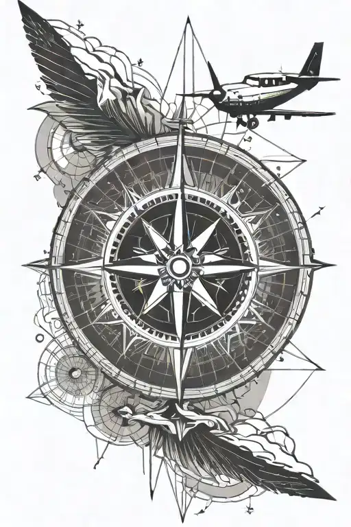 compass rose with a skier in and a little plane near the compass rose tattoo design idea