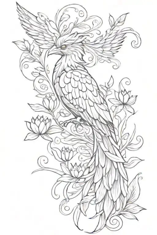 phoenix surrounded by small  water lilly flowers tattoo design idea