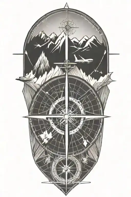 compass rose with a skier in and a little plane near the compass rose tattoo design idea