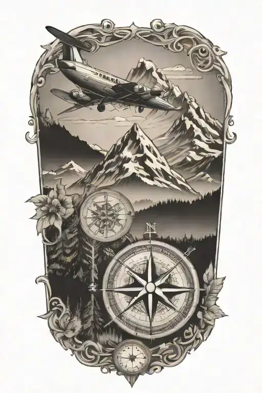compass rose with a mountain and skiing in the back and a little plane near the compass rose tattoo design idea