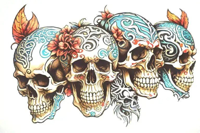 Multiple skulls and Polynesian tribal half sleeve tattoo design idea