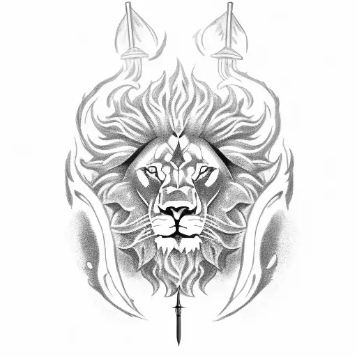 lion made of fire swirling a sword with a knight with a wolfshead pommel with a dragon and angel wingstanding on a crab  tattoo design idea