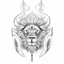 lion made of fire swirling a sword with a knight with a wolfshead pommel with a dragon and angel wingstanding on a crab  tattoo design idea