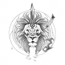 lion made of fire swirling a sword with a knight with a wolfshead pommel with a dragon and angel wingstanding on a crab  tattoo design idea