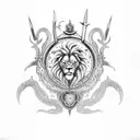 lion made of fire swirling a sword with a knight with a wolfshead pommel with a dragon and angel wingstanding on a crab  tattoo design idea