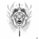 lion made of fire swirling a sword with a knight with a wolfshead pommel with a dragon and angel wingstanding on a crab  tattoo design idea