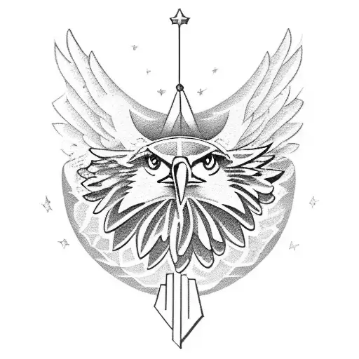 A majestic eagle soaring above a mountain range, with its wings forming a barbell, representing the client's love for fitness and eagles. tattoo design idea