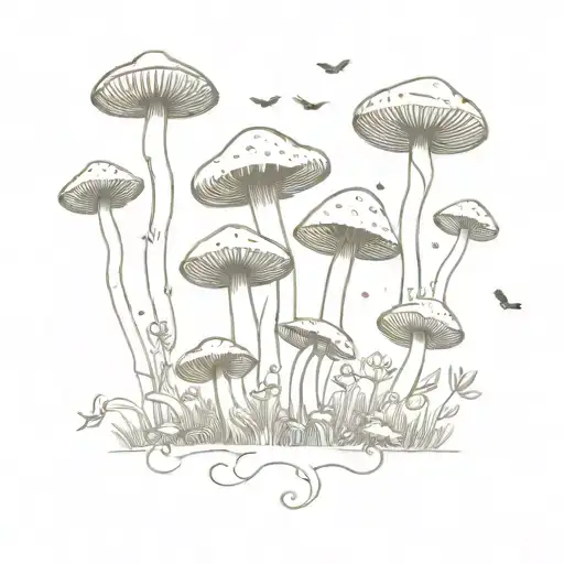 A magical mushroom garden with mystical creatures tattoo design idea