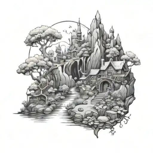 A fantasy landscape with an elf village and magical flora tattoo design idea