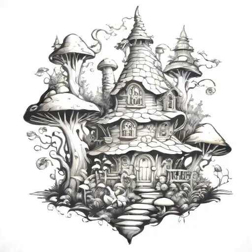 A whimsical elf forest scene with a hidden mushroom house tattoo design idea