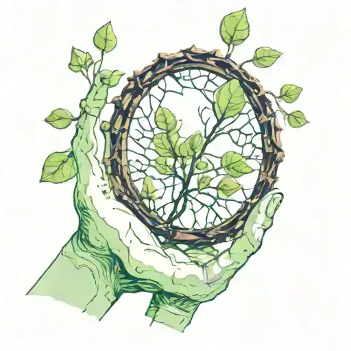 a broken mirror reflecting a green sprout + saphirre + light + hands tattoo design idea