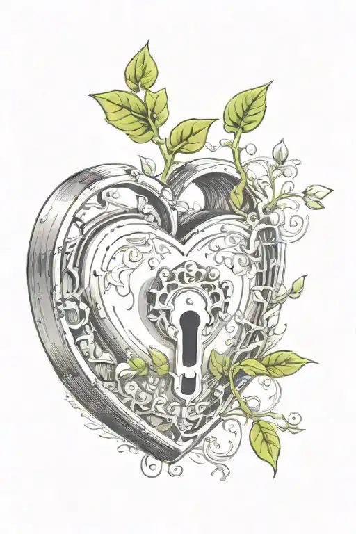 growing sprout from flaming heart shaped lock tattoo design idea