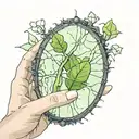 a broken mirror reflecting a green sprout + saphirre + light + hands tattoo design idea