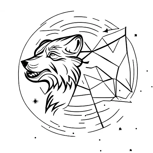 A wolf howling at a Gemini constellation in the night sky tattoo design idea