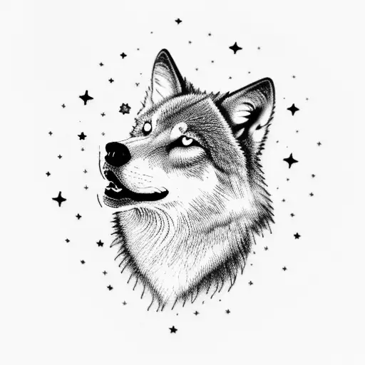 A wolf howling at a Gemini constellation in the night sky tattoo design idea