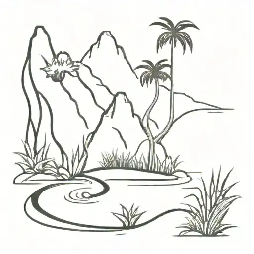 winding river with bromeliad plants in foregroud and moutains at background tattoo design idea