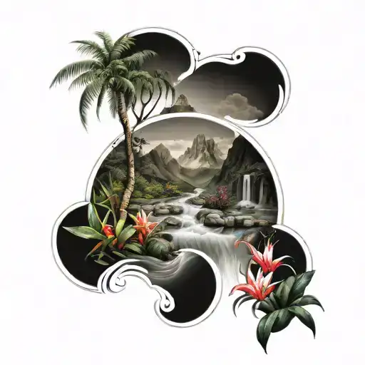 winding river with bromeliad plants in foregroud and moutains at background tattoo design idea