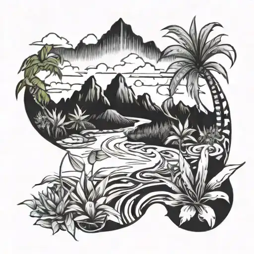 winding river with bromeliad plants in foregroud and moutains at background tattoo design idea