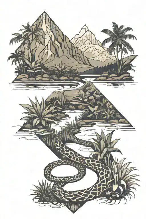 winding river with bromeliad plants in foregroud and moutains at background tattoo design idea