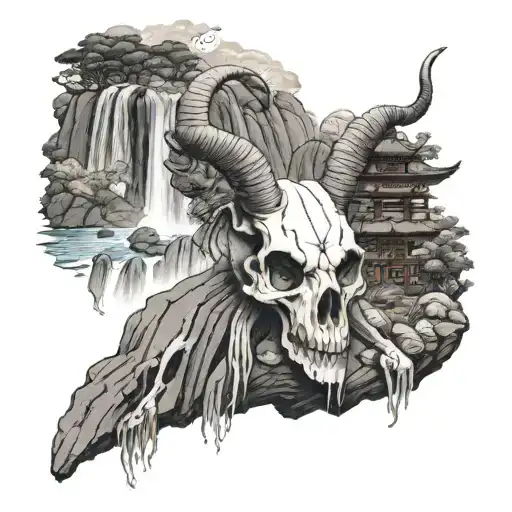 Goat skull and waterfall tattoo design idea