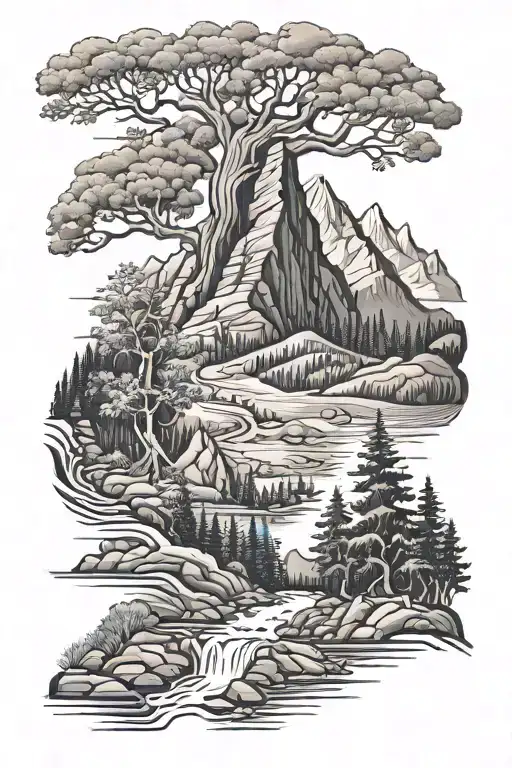 Mountain scene depicting the story of Abraham sacrificing his son with mountains, trees, and streams  tattoo design idea