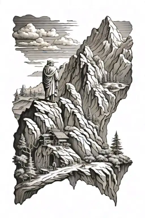 Mountain scene depicting the story of Abraham sacrificing his son. Add a christian theme and scripture  tattoo design idea