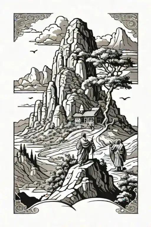 Mountain scene depicting the story of Abraham sacrificing his son. Add a christian theme and scripture  tattoo design idea
