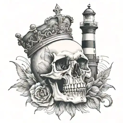 Lighthouse Compass skull wearing a crown tattoo design idea