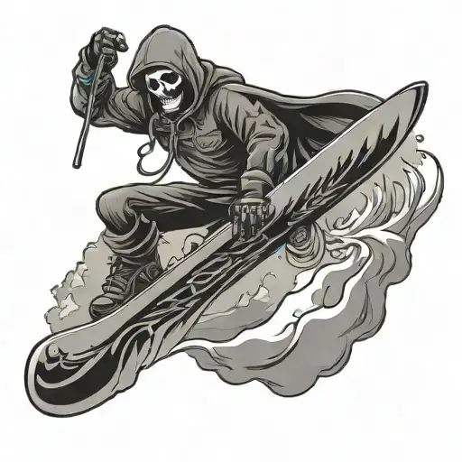 A snowboarder performing a trick mid-air, with the Grim Reaper's scythe slicing through the snow behind them, symbolizing the balance between risk-taking and fate tattoo design idea