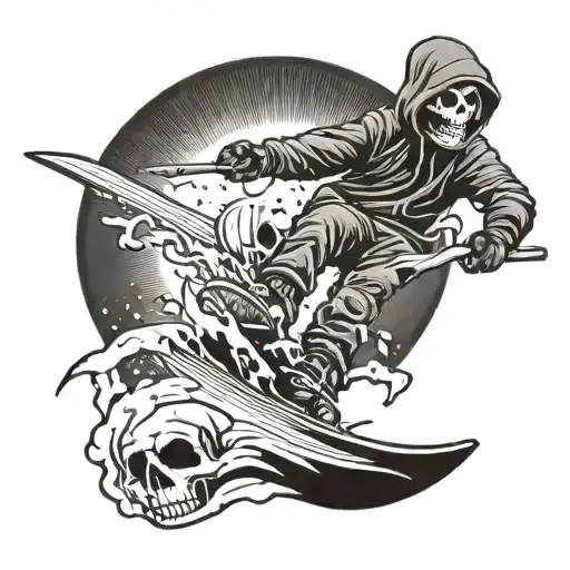 A snowboarder performing a trick mid-air, with the Grim Reaper's scythe slicing through the snow behind them, symbolizing the balance between risk-taking and fate tattoo design idea