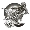 A snowboarder performing a trick mid-air, with the Grim Reaper's scythe slicing through the snow behind them, symbolizing the balance between risk-taking and fate tattoo design idea