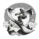 A snowboarder performing a trick mid-air, with the Grim Reaper's scythe slicing through the snow behind them, symbolizing the balance between risk-taking and fate tattoo design idea
