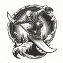 A snowboarder performing a trick mid-air, with the Grim Reaper's scythe slicing through the snow behind them, symbolizing the balance between risk-taking and fate tattoo design idea
