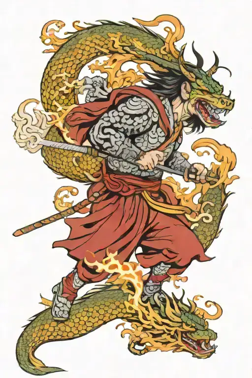 norse myth, samurai and dragon breathing fire tattoo design idea