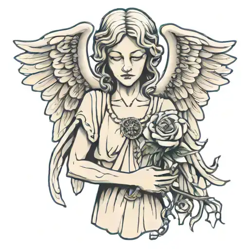 a weeping angel holding a chained rose tattoo design idea