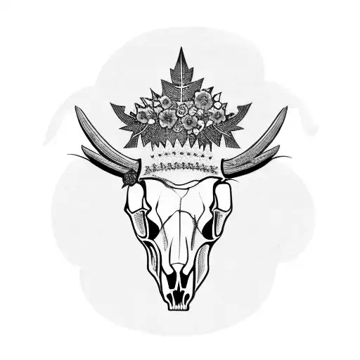 A cow skull adorned with summer flowers and vines, with a punk rock crown tattoo design idea