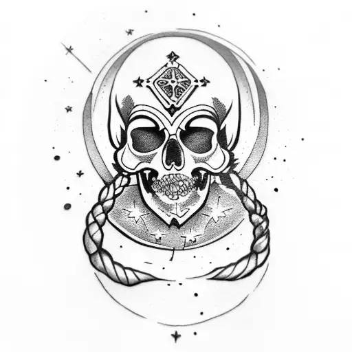 A Greek-inspired tattoo of a warrior skull with punk rock hair and a moon in the background tattoo design idea
