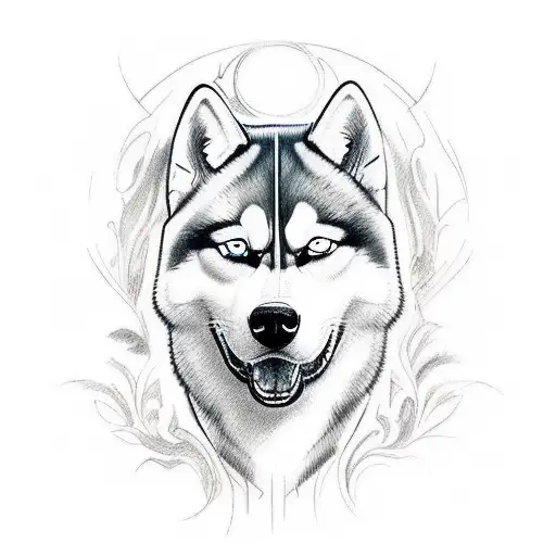 tattoo design of a husky in the style of Greek mythology, white eyes, epic tattoo design idea