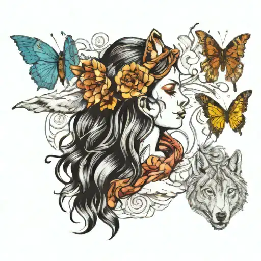 create tattoo and add all of these Woman with a lion headdress sleep among wolves,Work boots, Butterfly,Books,Mountain a tattoo design idea