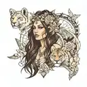 create tattoo and add all of these Woman with a lion headdress sleep among wolves,Work boots, Butterfly,Books,Mountain a tattoo design idea