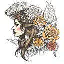 create tattoo and add all of these Woman with a lion headdress sleep among wolves,Work boots, Butterfly,Books,Mountain a tattoo design idea
