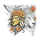 create tattoo and add all of these Woman with a lion headdress sleep among wolves,Work boots, Butterfly,Books,Mountain a tattoo design idea