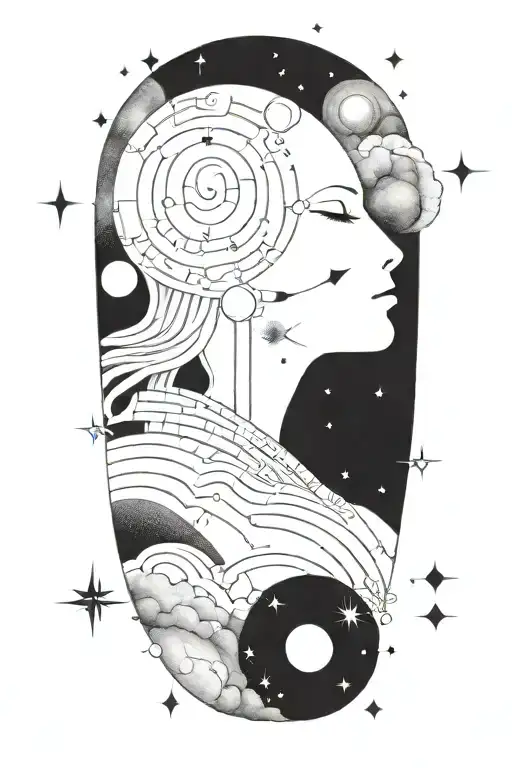 A dotwork tattoo of Göbekli Tepe surrounded by swirling galaxies and cosmic elements tattoo design idea
