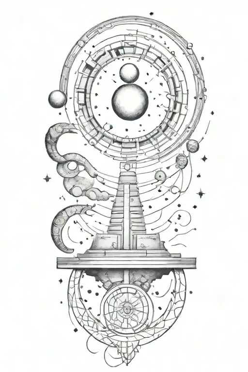 A dotwork tattoo of Göbekli Tepe surrounded by swirling galaxies and cosmic elements tattoo design idea