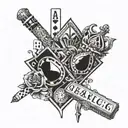 Design a tattoo with the word Babci. Include a royal flush in trump suit, a bingo card and a cigarette in an ash tray tattoo design idea